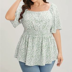 Ditsy Floral Ruffle Sleeve Shirred Square Neck Blouse